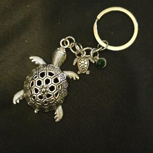 Silver Turtles Keychain with gemstone charm
